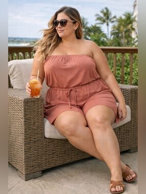 Penningtons 3X Strapless Romper Plus Size Boho Summer Lounge Dusty Rose